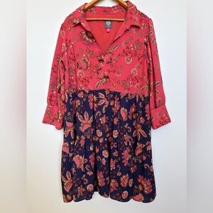 Vince Camuto Floral Button Front Long Sleeve Dress Pink Navy Size 16
